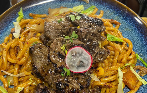 Korean Kimchi Fried Japanese Udon With Korean Marinate Rib Eye Steak